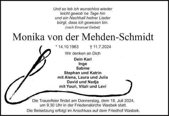 Traueranzeige von Monika von der Mehden-Schmidt von Holsteinischer Courier