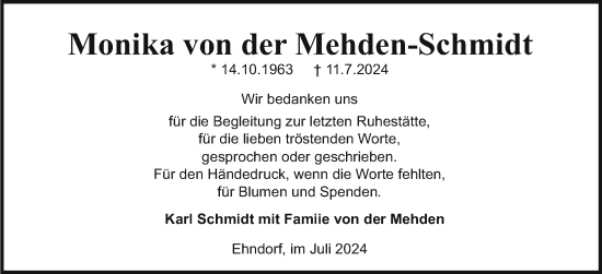 Traueranzeige von Monika von der Mehden-Schmidt von Holsteinischer Courier