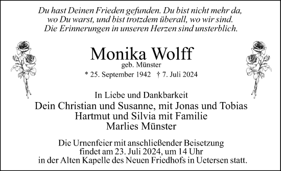 Traueranzeige von Monika Wolff von Uetersener Nachrichten, Der tip am Wochenende