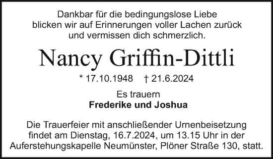 Traueranzeige von Nancy Griffin-Dittli von Holsteinischer Courier