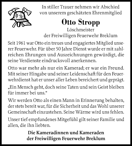 Traueranzeige von Otto Stropp von Husumer Nachrichten, Nordfriesland Tageblatt