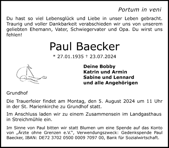 Traueranzeige von Paul Baecker von Flensburger Tageblatt