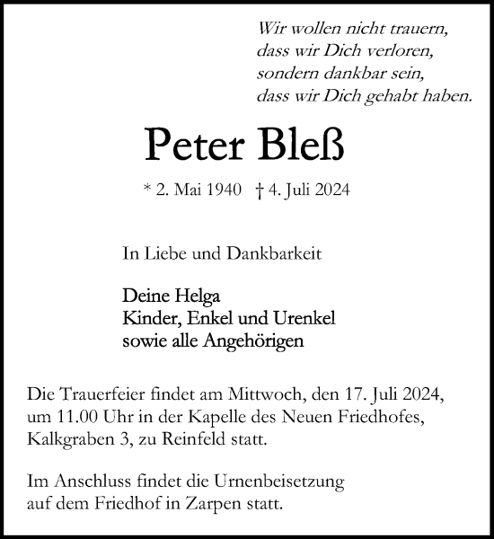 Traueranzeige von Peter Bleß von Stormaner Tageblatt