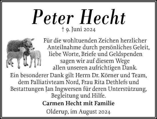 Traueranzeige von Peter Hecht von Husumer Nachrichten, Nordfriesland Tageblatt