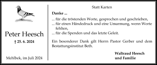 Traueranzeige von Peter Heesch von Norddeutsche Rundschau, Wilstersche Zeitung, Glückstädter Fortuna