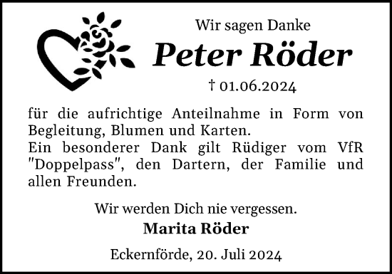 Traueranzeige von Peter Röder von Eckernförder Zeitung, Hallo Eckernförde