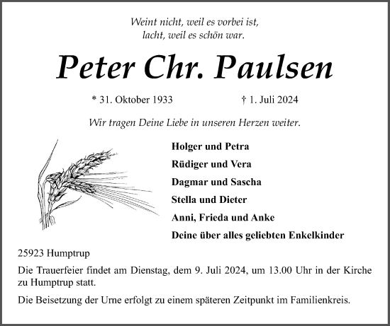 Traueranzeige von Peter Chr. Paulsen von Husumer Nachrichten, Nordfriesland Tageblatt