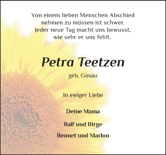 Traueranzeige von Petra Teetzen von Norddeutsche Rundschau, Wilstersche Zeitung, Glückstädter Fortuna