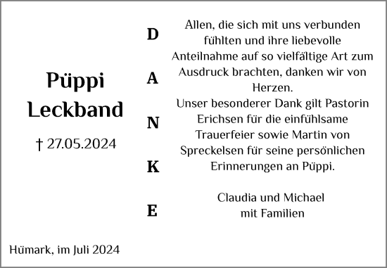 Traueranzeige von Püppi Leckband von Schleswiger Nachrichten, Schlei-Bote, Eckernförder Zeitung
