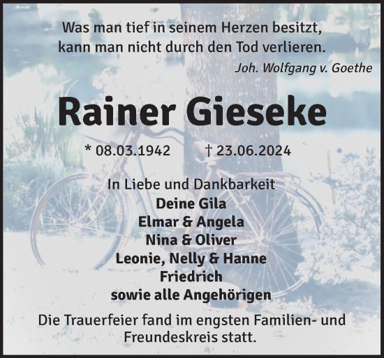 Traueranzeige von Rainer Gieseke von Norddeutsche Rundschau, Wilstersche Zeitung, Glückstädter Fortuna