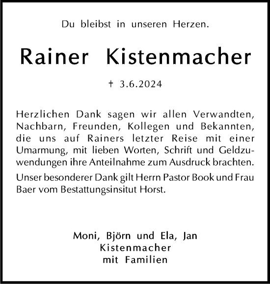 Traueranzeige von Rainer Kistenmacher von Holsteinischer Courier