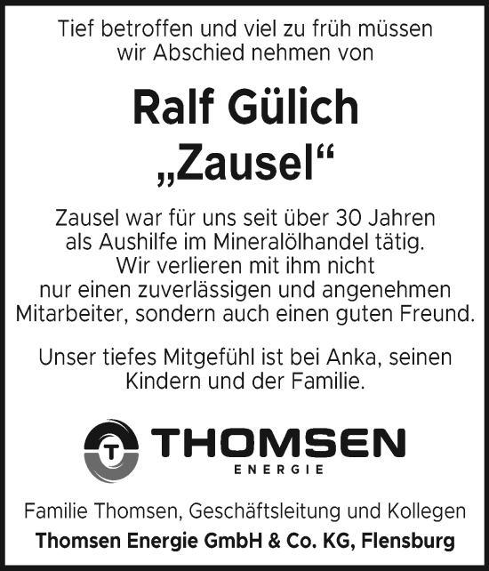 Traueranzeige von Ralf Gülich von Flensburger Tageblatt