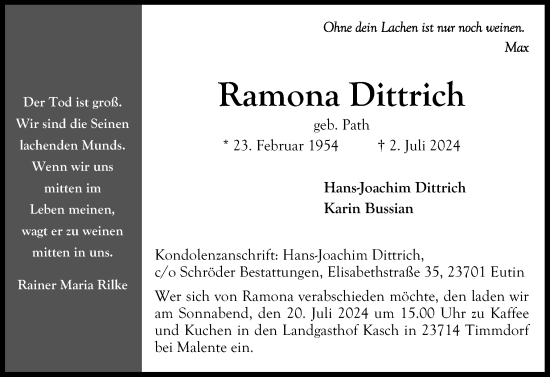 Traueranzeige von Ramona Dittrich von Ostholsteiner Anzeiger