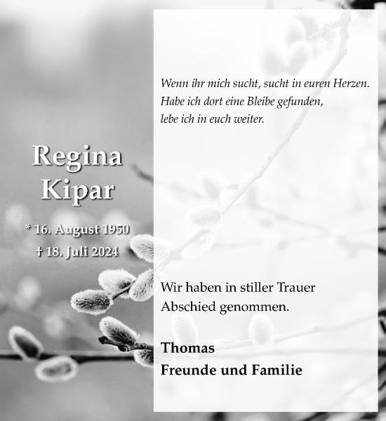 Traueranzeige von Regina Kipar von Stormaner Tageblatt