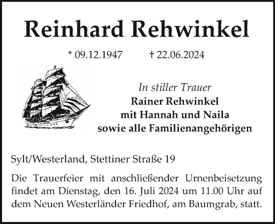 Traueranzeige von Reinhard Rehwinkel von Sylter Rundschau
