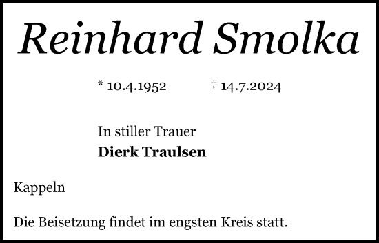 Traueranzeige von Reinhard Smolka von Schleswiger Nachrichten, Schlei-Bote