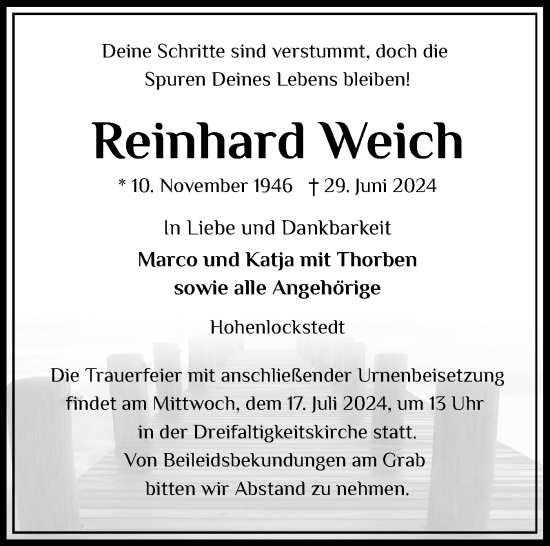 Traueranzeige von Reinhard Weich von Norddeutsche Rundschau, Wilstersche Zeitung, Glückstädter Fortuna