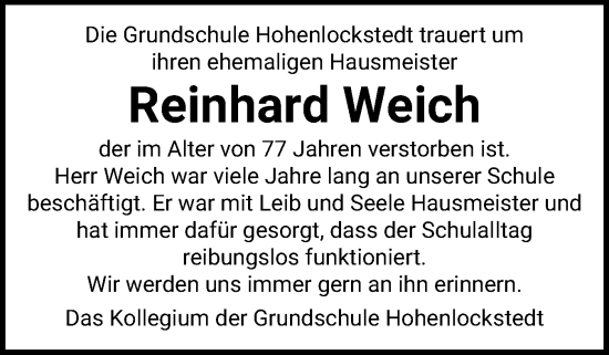 Traueranzeige von Reinhard Weich von Norddeutsche Rundschau, Wilstersche Zeitung, Glückstädter Fortuna