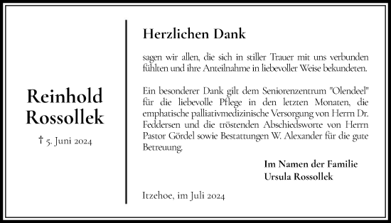 Traueranzeige von Reinhold Rossollek von Norddeutsche Rundschau, Wilstersche Zeitung, Glückstädter Fortuna