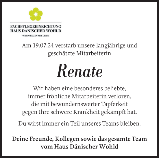 Traueranzeige von Renate  von Eckernförder Zeitung, Hallo Eckernförde