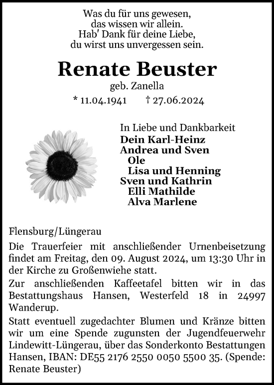 Traueranzeige von Renate Beuster von Flensburger Tageblatt
