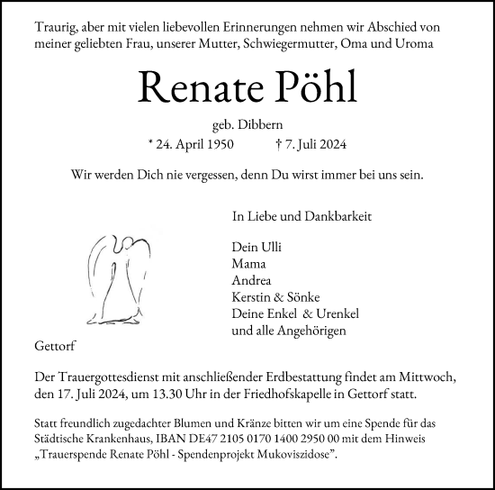 Traueranzeige von Renate Pöhl von Eckernförder Zeitung, Hallo Eckernförde