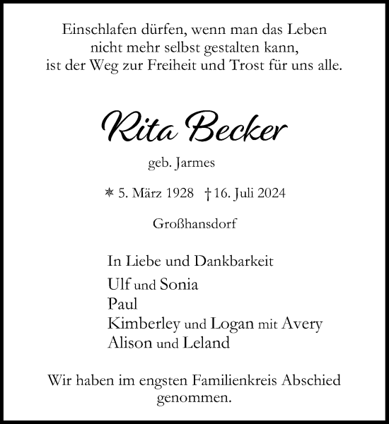 Traueranzeige von Rita Becker von Stormaner Tageblatt