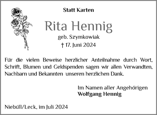 Traueranzeige von Rita Hennig von Husumer Nachrichten, Nordfriesland Tageblatt