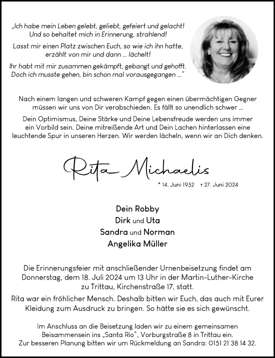 Traueranzeige von Rita Michaelis von Stormaner Tageblatt