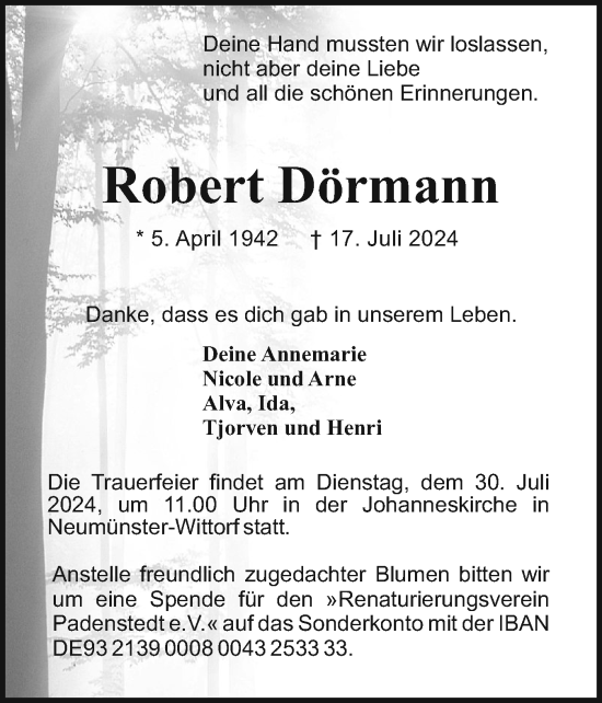 Traueranzeige von Robert Dörmann von Holsteinischer Courier