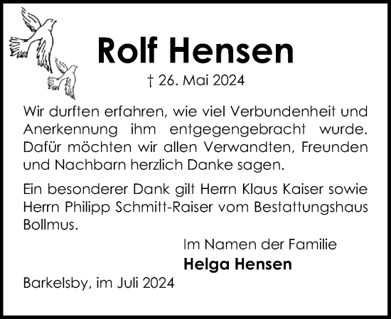 Traueranzeige von Rolf Hensen von Eckernförder Zeitung, Hallo Eckernförde