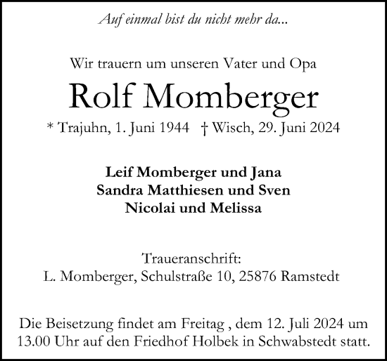 Traueranzeige von Rolf Momberger von Husumer Nachrichten, Nordfriesland Tageblatt