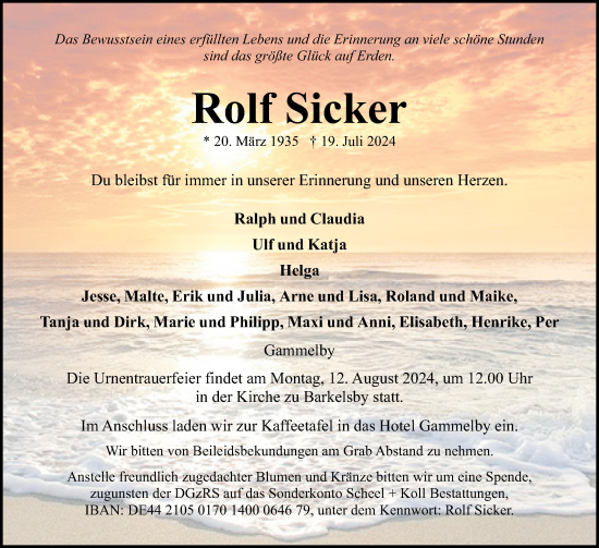 Traueranzeige von Rolf Sicker von Eckernförder Zeitung, Hallo Eckernförde
