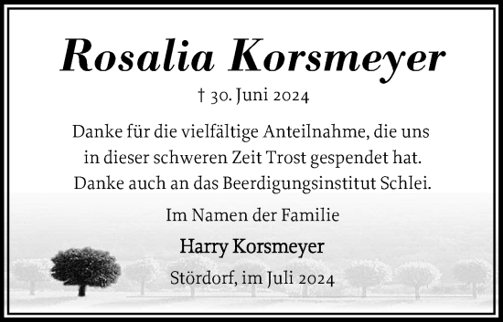 Traueranzeige von Rosalia Korsmeyer von Norddeutsche Rundschau, Wilstersche Zeitung, Glückstädter Fortuna