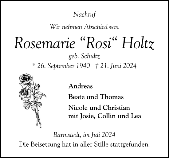 Traueranzeige von Rosemarie Holtz von Elmshorner Nachrichten, Barmstedter Zeitung