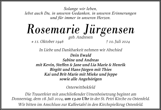 Traueranzeige von Rosemarie Jürgensen von Husumer Nachrichten, Nordfriesland Tageblatt