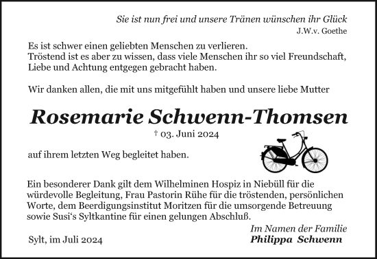 Traueranzeige von Rosemarie Schwenn-Thomsen von Sylter Rundschau