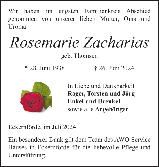 Traueranzeige von Rosemarie Zacharias von Eckernförder Zeitung, Hallo Eckernförde