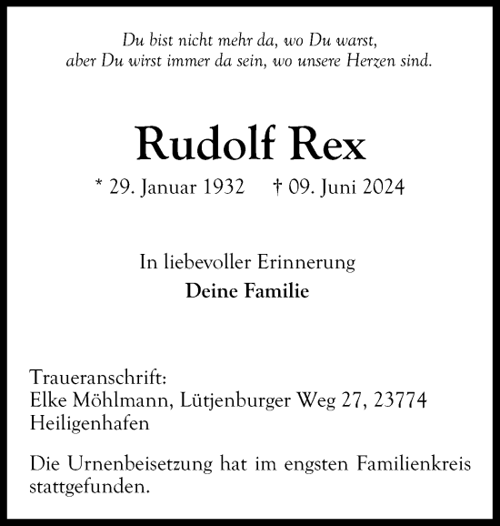 Traueranzeige von Rudolf Rex von Ostholsteiner Anzeiger