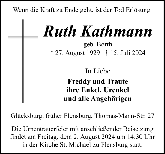 Traueranzeige von Ruth Kathmann von Flensburger Tageblatt