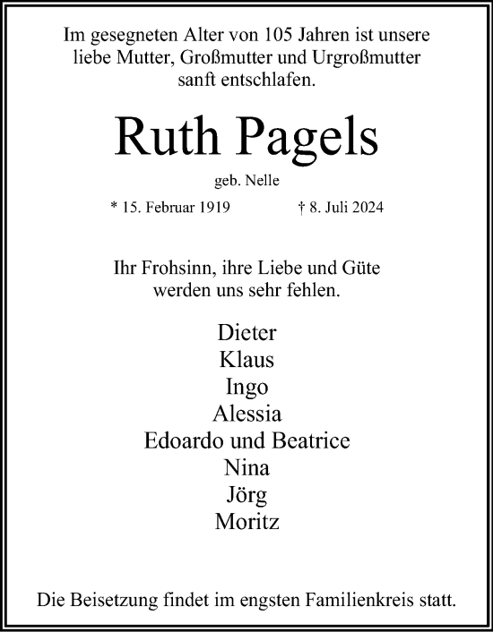 Traueranzeige von Ruth Pagels von Region Pinneberg und tip Pinneberg