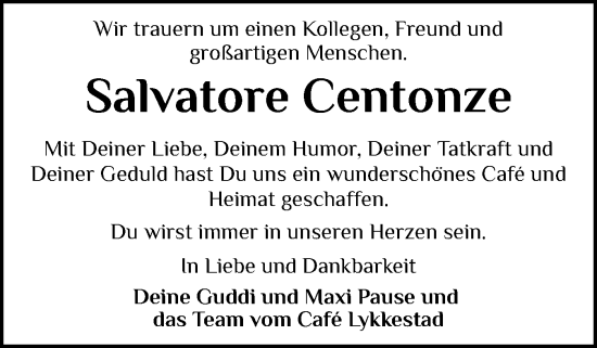 Traueranzeige von Salvatore Centonze von Norddeutsche Rundschau, Wilstersche Zeitung, Glückstädter Fortuna