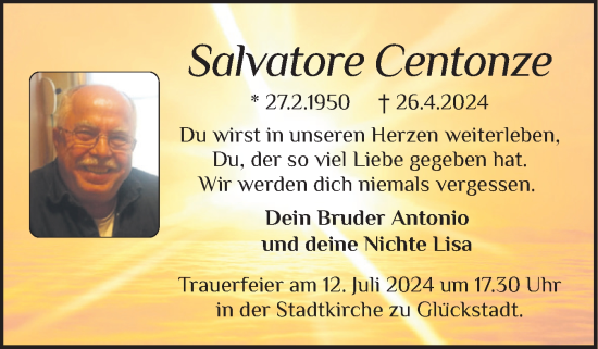 Traueranzeige von Salvatore Centonze von Norddeutsche Rundschau, Wilstersche Zeitung, Glückstädter Fortuna