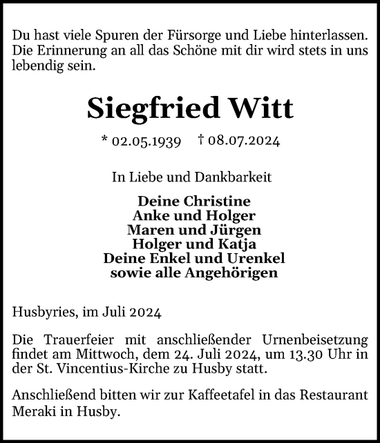 Traueranzeige von Siegfried Witt von Flensburger Tageblatt