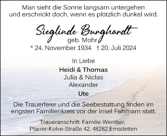 Traueranzeige von Sieglinde Burghardt von Region Pinneberg und tip Pinneberg