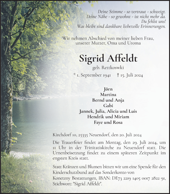 Traueranzeige von Sigrid Affeldt von Region Steinburg-Elmshorn