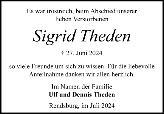 Traueranzeige von Sigrid Theden von Schleswig-Holsteinische Landeszeitung