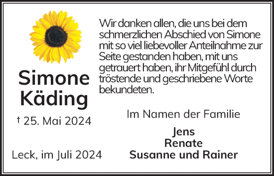 Traueranzeige von Simone Käding von Husumer Nachrichten, Nordfriesland Tageblatt