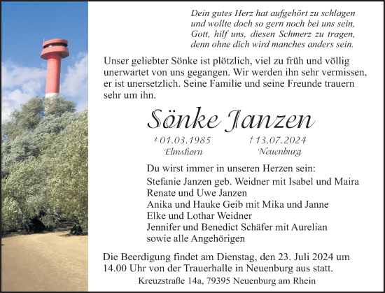 Traueranzeige von Sönke Janzen von Elmshorner Nachrichten, Barmstedter Zeitung