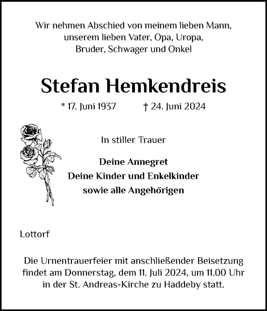 Traueranzeige von Stefan Hemkendreis von Schleswiger Nachrichten, Schlei-Bote